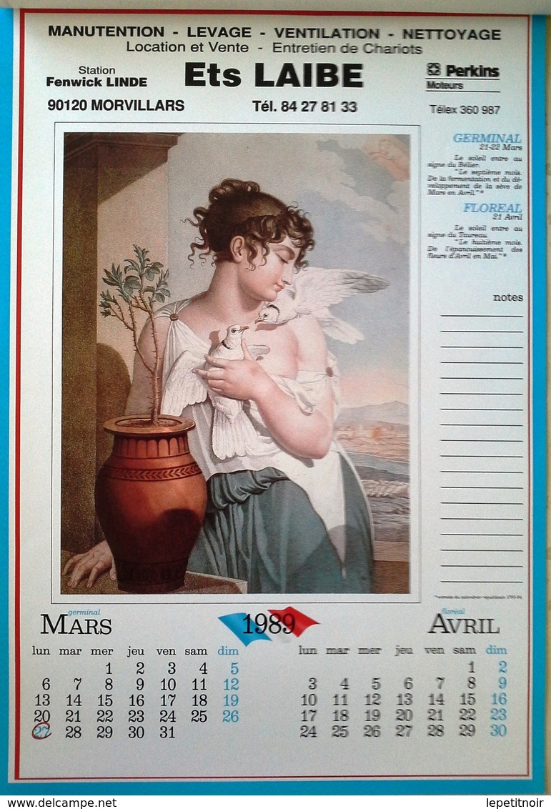 Calendrier Révolutionnaire 1989 Illustration Femme Nue Peinture Louis Lafitte - Tamaño Grande : 1981-90