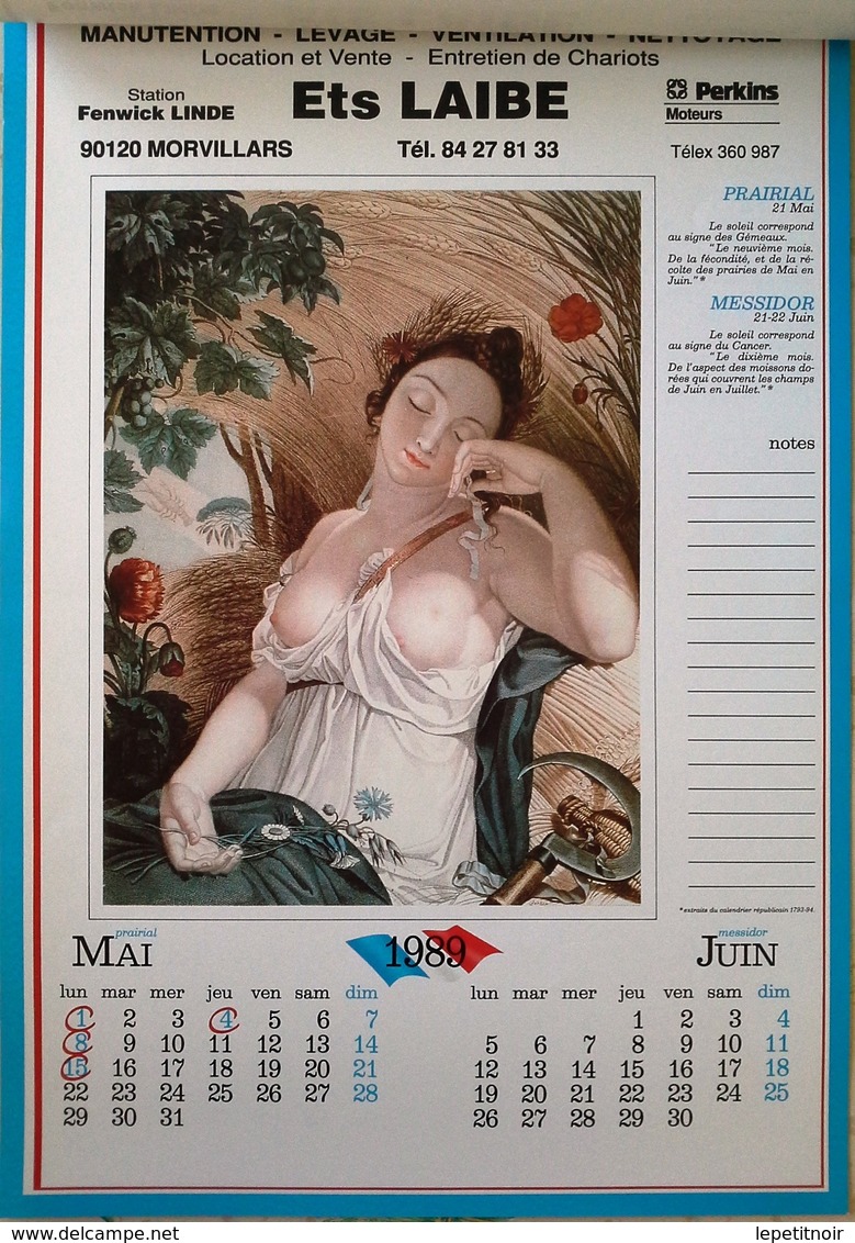 Calendrier Révolutionnaire 1989 Illustration Femme Nue Peinture Louis Lafitte - Tamaño Grande : 1981-90