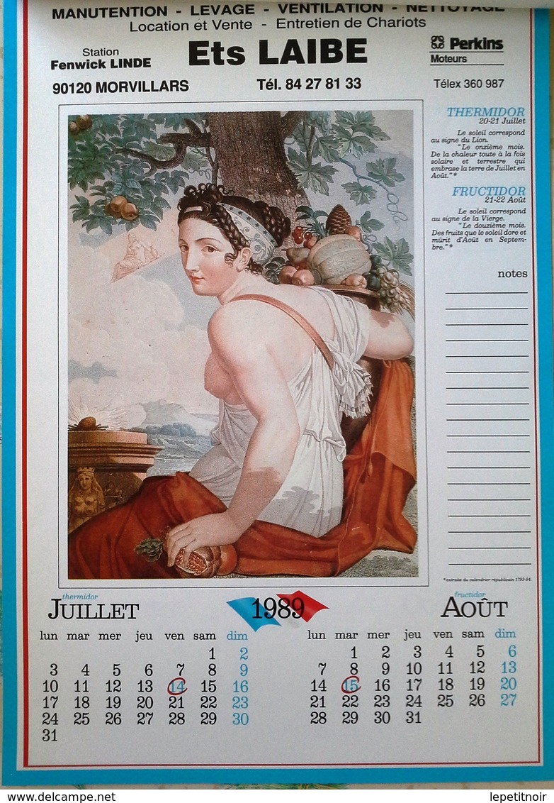 Calendrier Révolutionnaire 1989 Illustration Femme Nue Peinture Louis Lafitte - Big : 1981-90