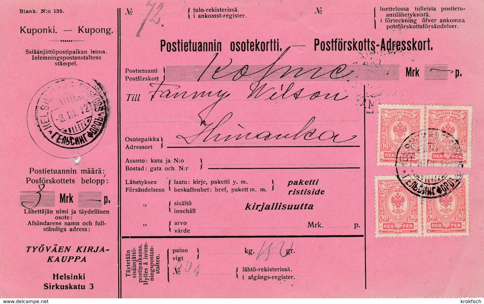 Osotekortti 1912 Helsinki Adresskort - Verso Himanka - Imprimé - Kuponki Kupong Coupon - Lettres & Documents