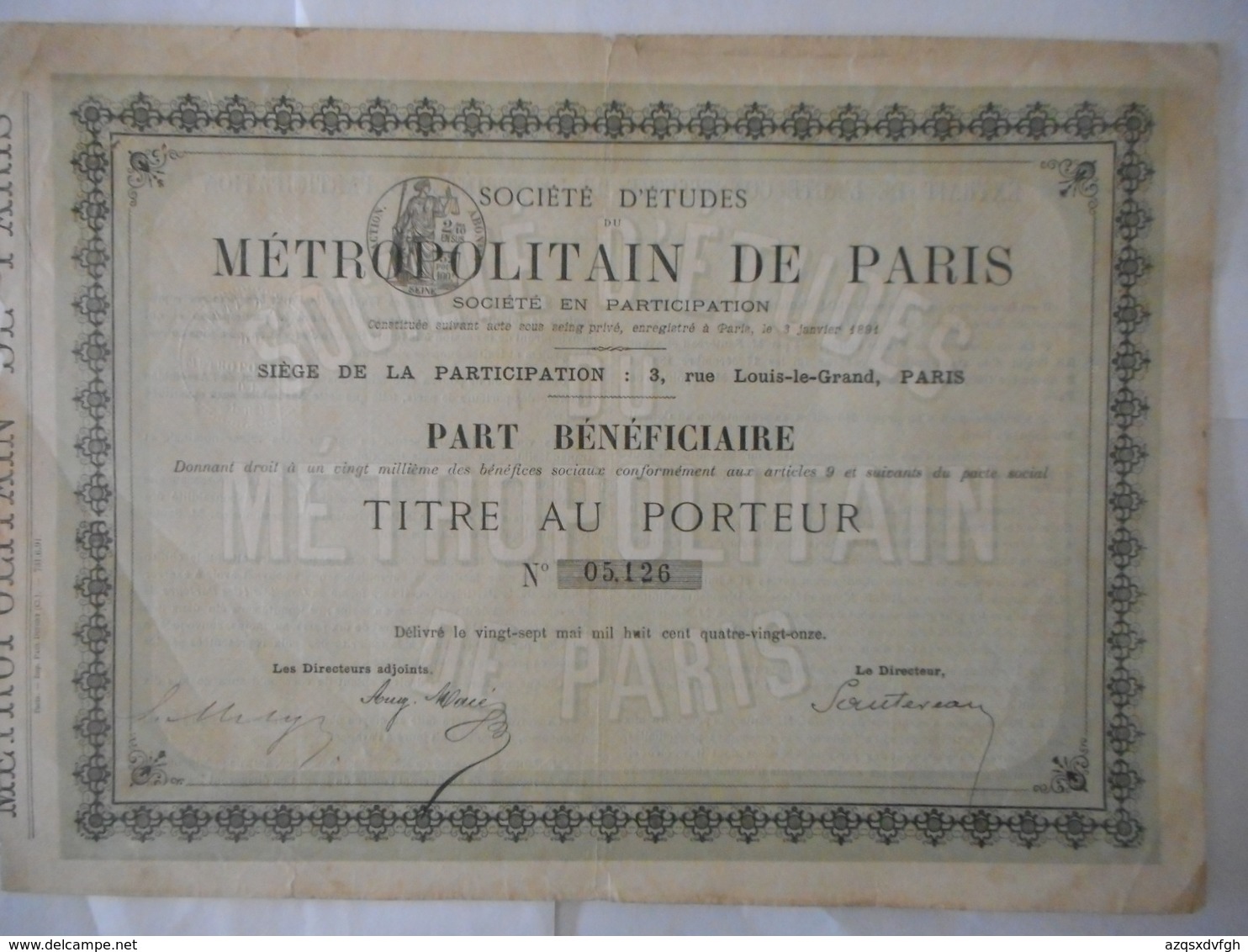 Ste D'ETUDES Du METROPOLITAIN De PARIS    Rue Louis Le Grand Paris - M - O