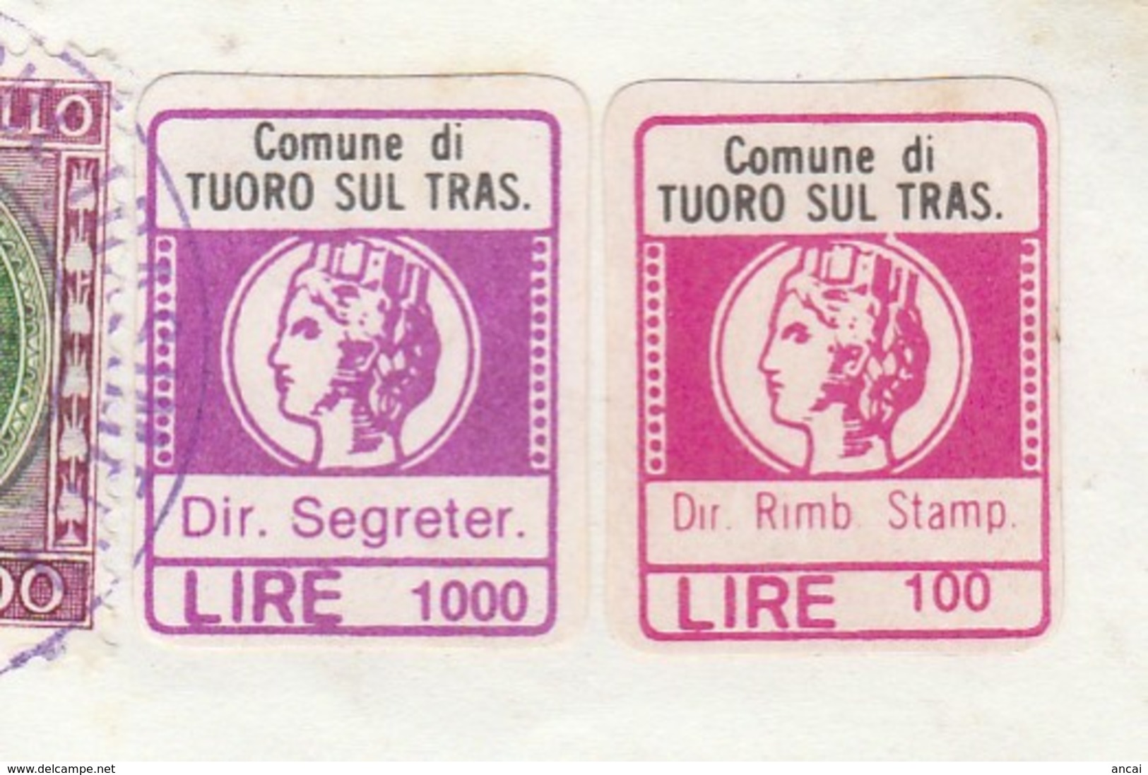 Tuoro Sul Trasimeno 1986. Marche Municipali Diritti Di Segreteria L. 1000 + Stamapti L. 100, Su Certificato Di Residenza - Non Classificati