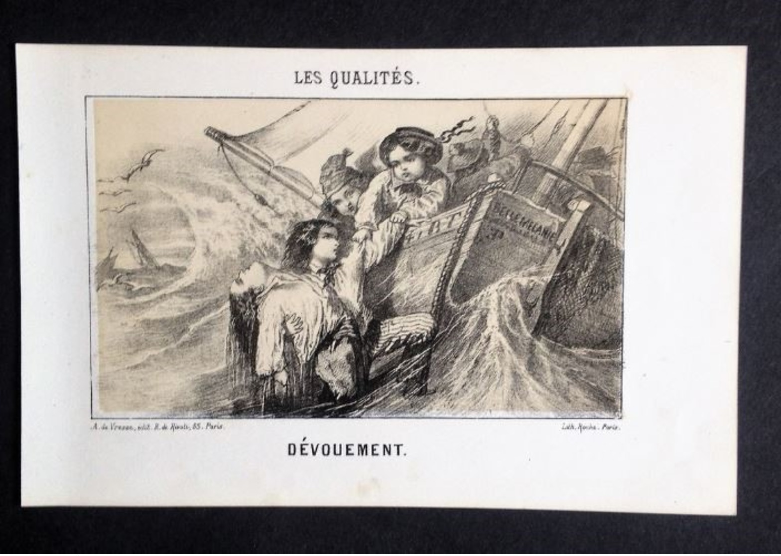 Les Qualités, DÉVOUEMENT Sauvetage Noyade, Litho Ancienne Paris Roche, Image Pour  Enfants - Lithographies