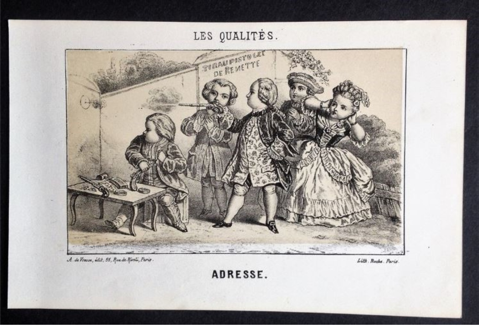 Les Qualités, ADRESSE, Tir Fusil, Litho Ancienne Paris Roche, Image Pour Enfants - Lithographies