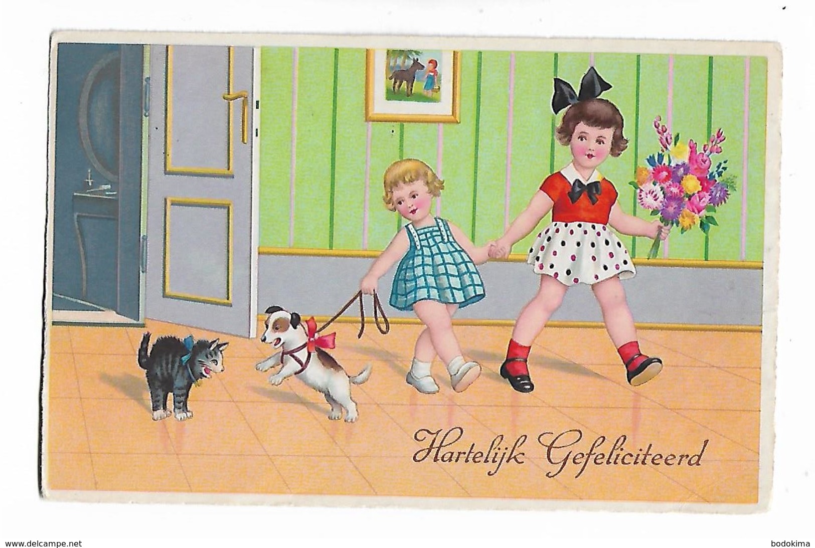 " Hartelijk  Gefeliciteerd    "       2  Petites  Filles  , Chat  Et  Chien - Children's Drawings