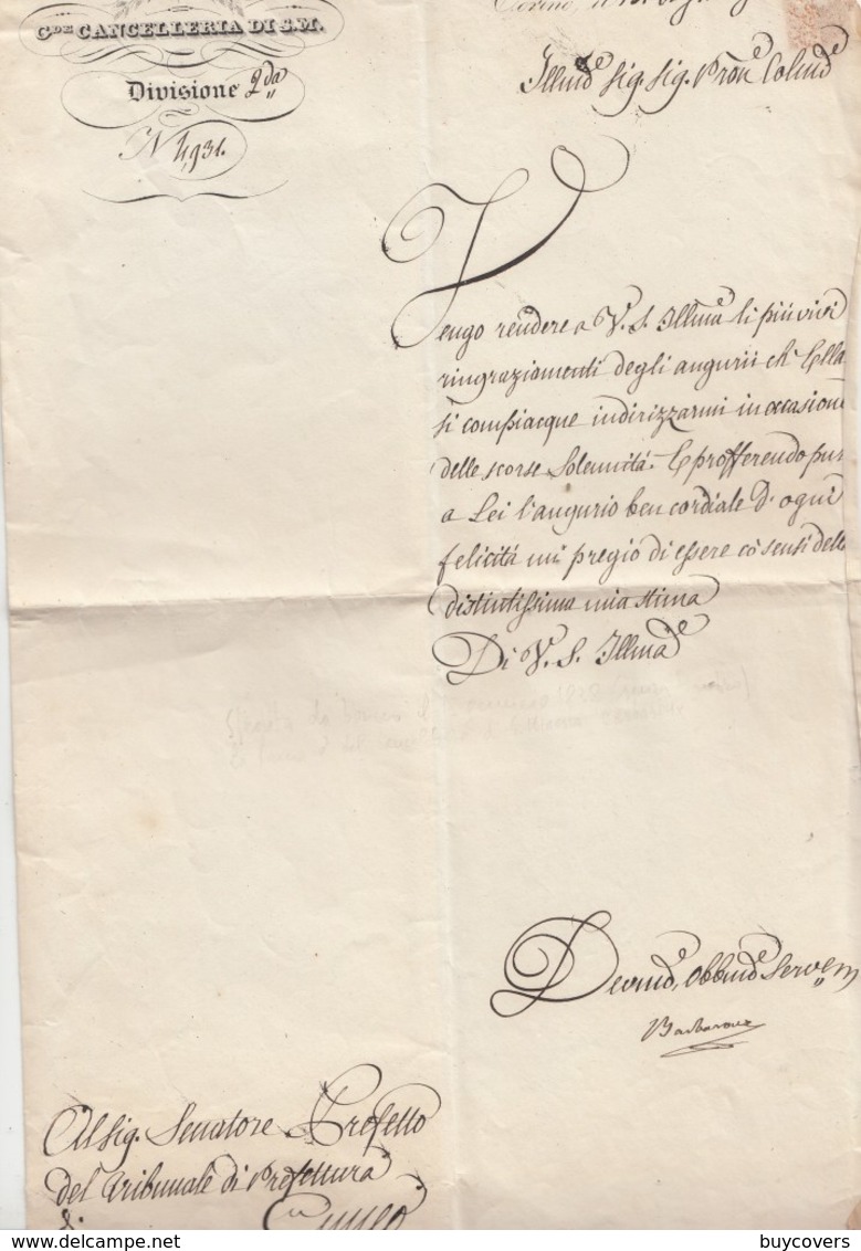 Doc2. - 15 Gennaio 1838 - TORINO - Cancelleria Di Sua Maestà - Lettera Al Prefetto Di Cuneo - - Historical Documents