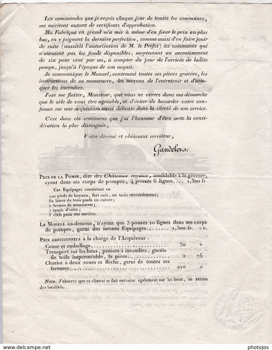 Très Rare Document De 1819 Courrier Aux Maires Pour Les Pompes à Incendie Gaudeler  Gravure - Pubblicitari