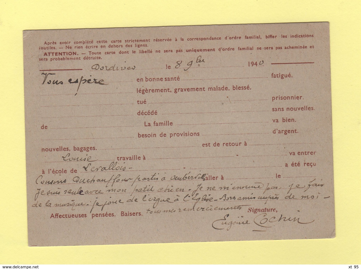 Dordives - Loiret - 8-11-1940 - Facteur Boitier 1466 - Cachets Manuels