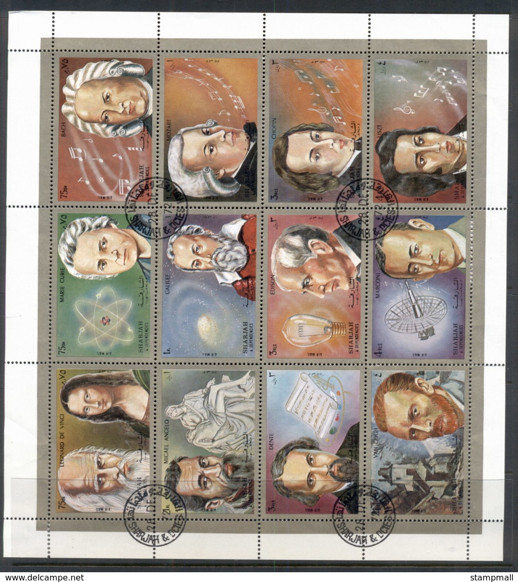 Sharjah 1972 Mi#1374-85 Scientists, Artists, Composers Sheetlet CTO - Sharjah