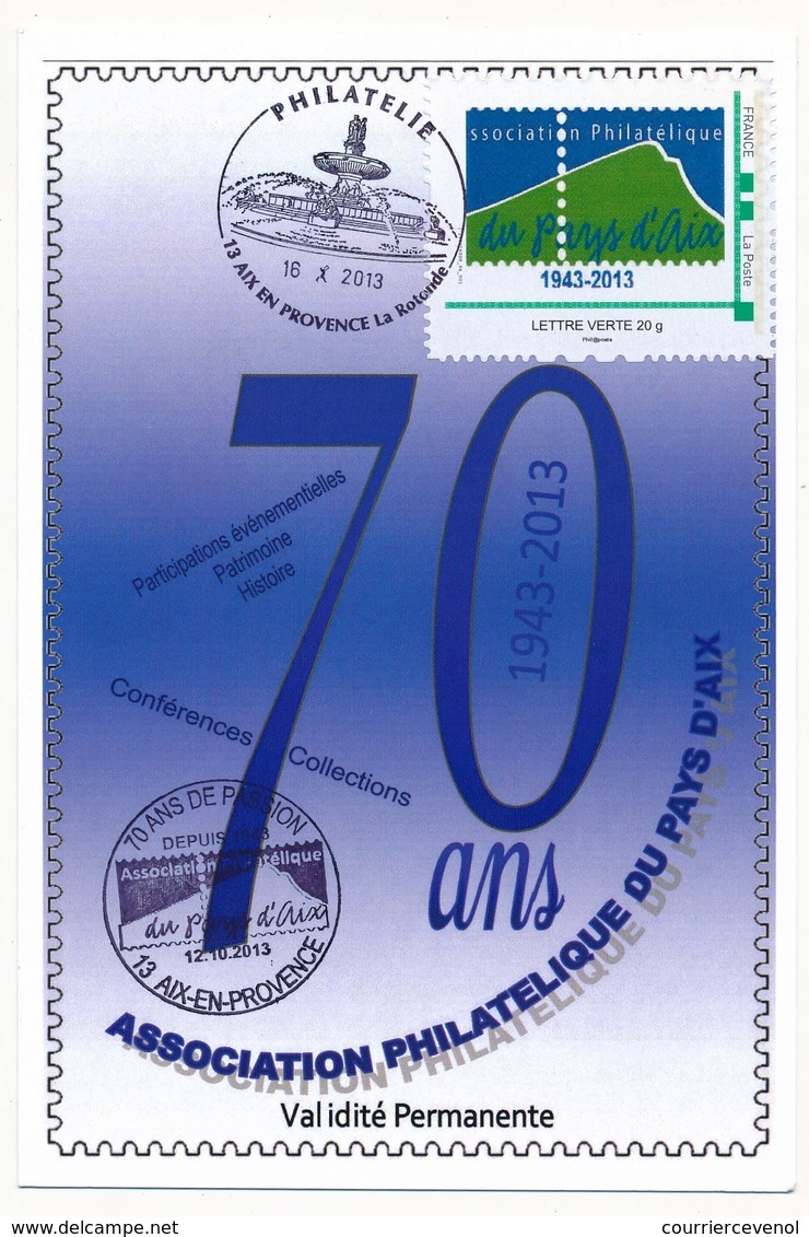 Timbre Personnalisé "Association Philatélique Du Pays D'Aix" Lettre Verte Sur Carte Commémorative, 2013 - Autres & Non Classés