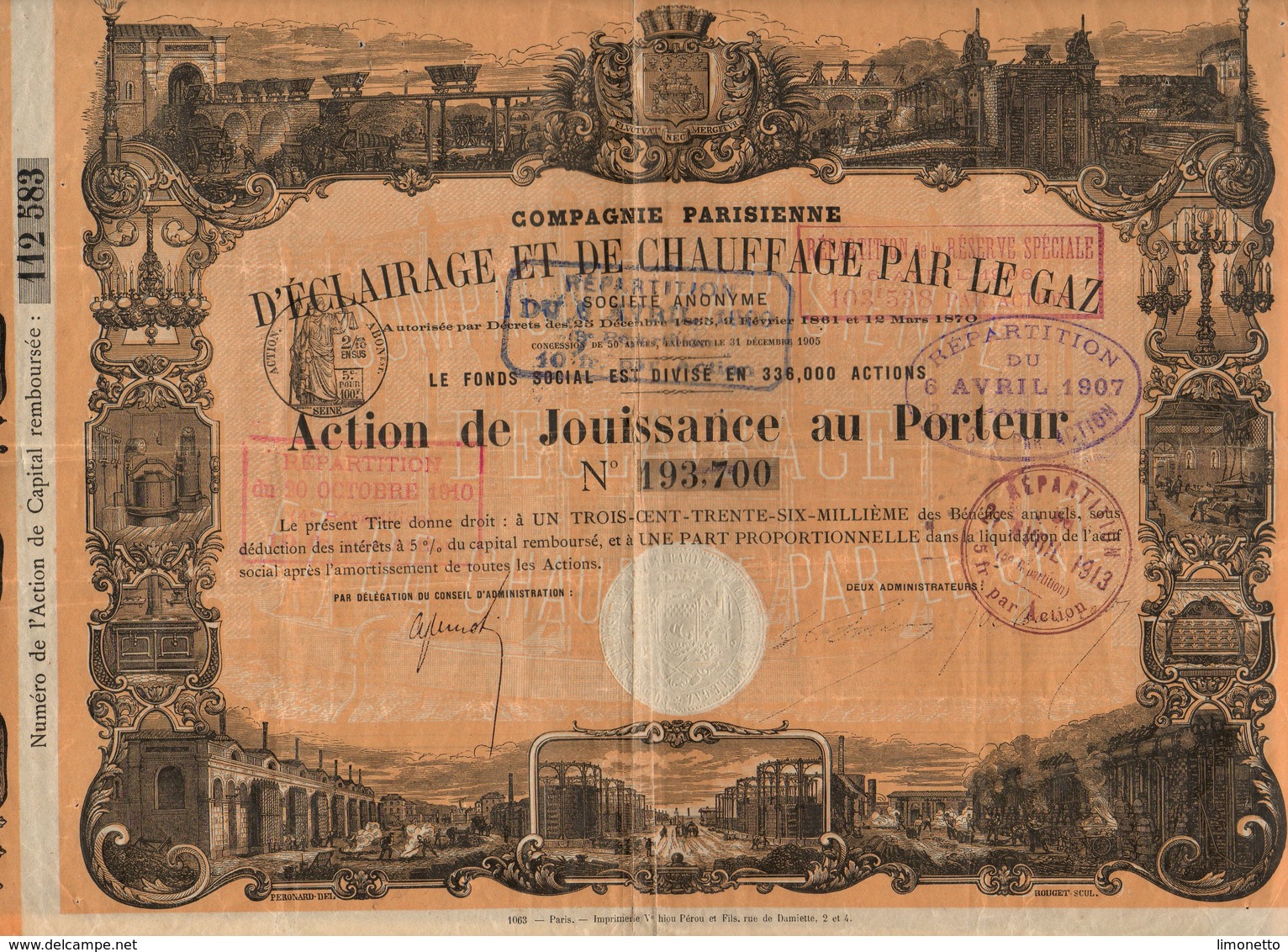 1870 - Cie Parisienne D'Eclairage Et De Chauffage Par La Gaz -Action De Jouissance Au Porteur - Tres Décorée - Electricité & Gaz