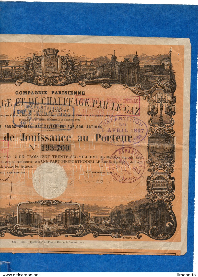 1870 - Cie Parisienne D'Eclairage Et De Chauffage Par La Gaz -Action De Jouissance Au Porteur - Tres Décorée - Electricité & Gaz