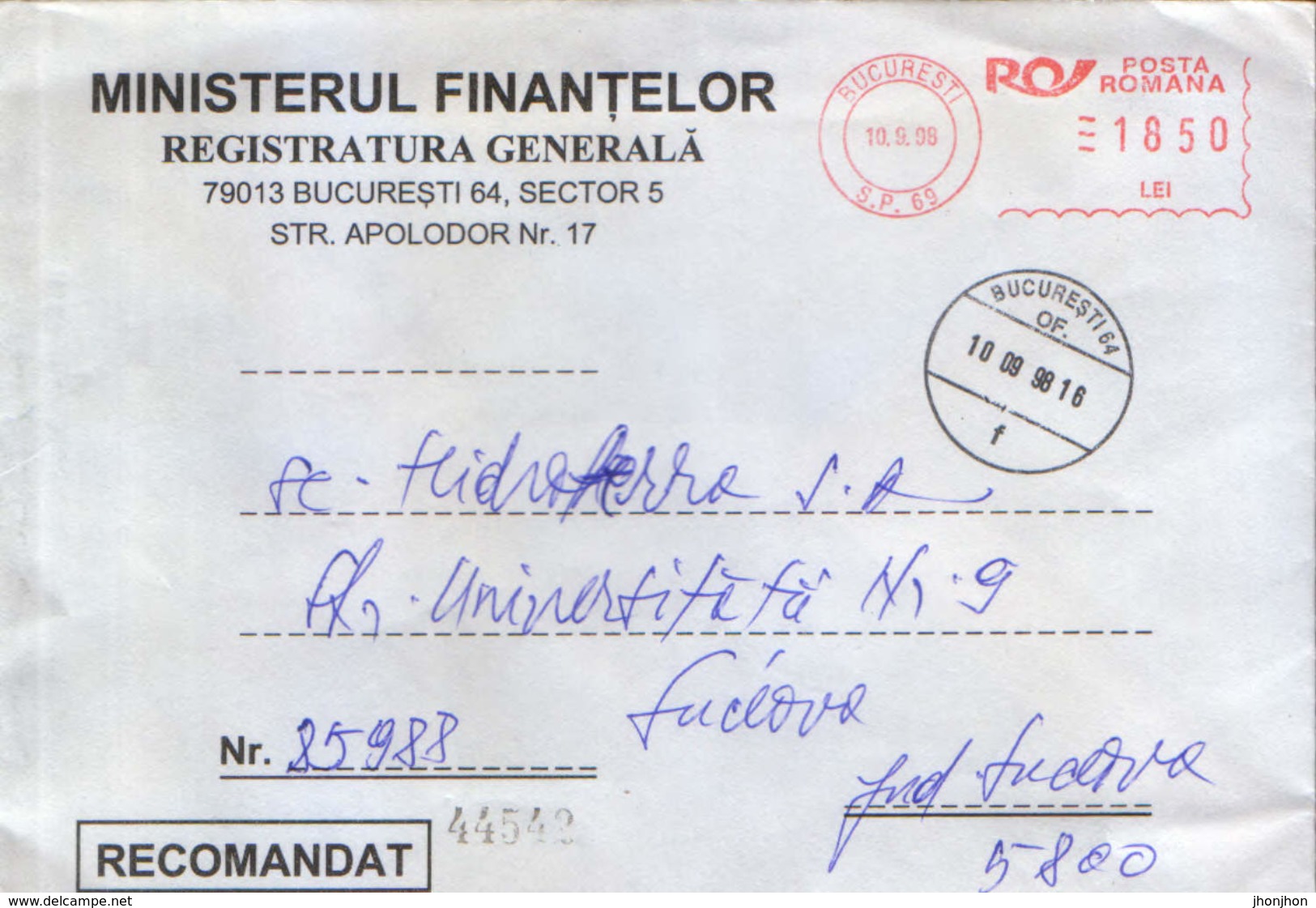 Romania - Registered Letter Circulated In 1998 - Machine Footprints - Franking Machines (EMA)