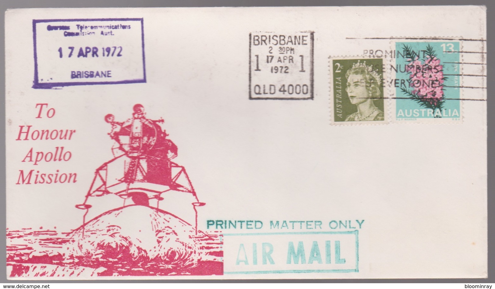 Apollo Mission 1972 Australia Overseas Telecommunications Commission Brisbane SPACE Flight Cover - Primo Giorno D'emissione (FDC)