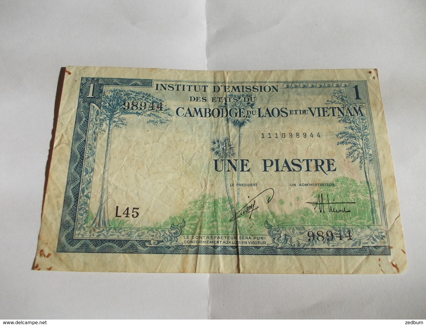 Billet Chine Indo Francais 1 Piastre 1954 - Autres & Non Classés