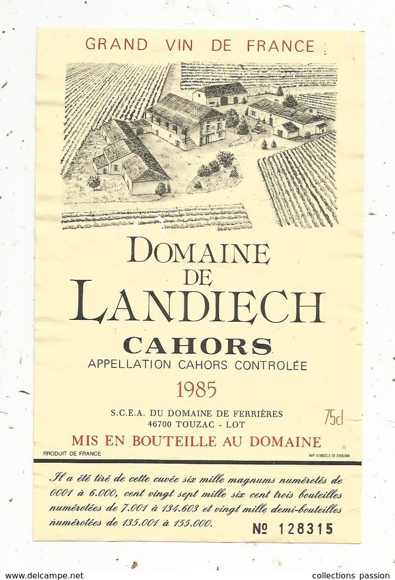 étiquette De Vin , CAHORS ,domaine De LANDIECH ,1985, Domaine De Ferrières ,46 ,TOUZAC , N° 128315 - Cahors