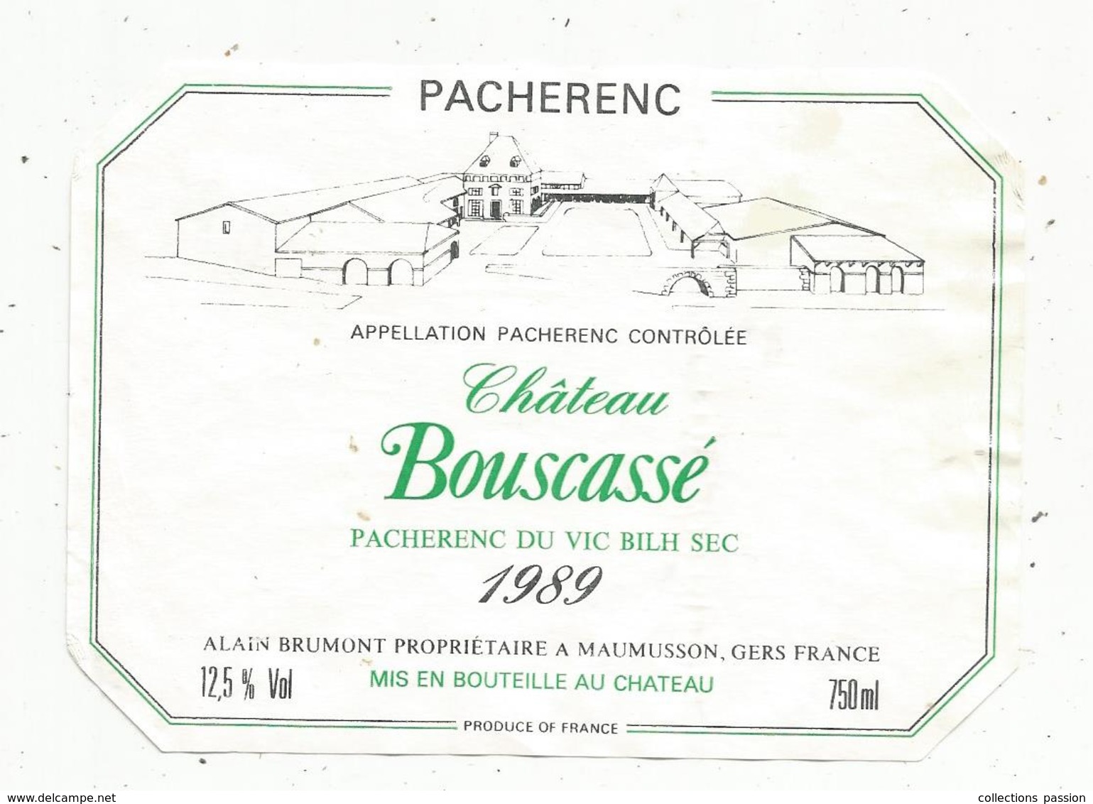 étiquette De Vin , PACHERENC Du Vic Bilh Sec , Château BOUSCASSE,1989 ,A. Brumont ,Maumusson ,Gers - Andere & Zonder Classificatie