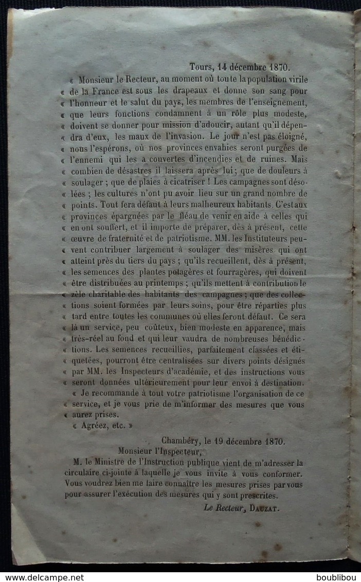 Guerre De 1870 - Instructions Sur La Manière De Receuillir Et De Conserver Les Graines - Chambéry 1871 - Savoie - Décrets & Lois