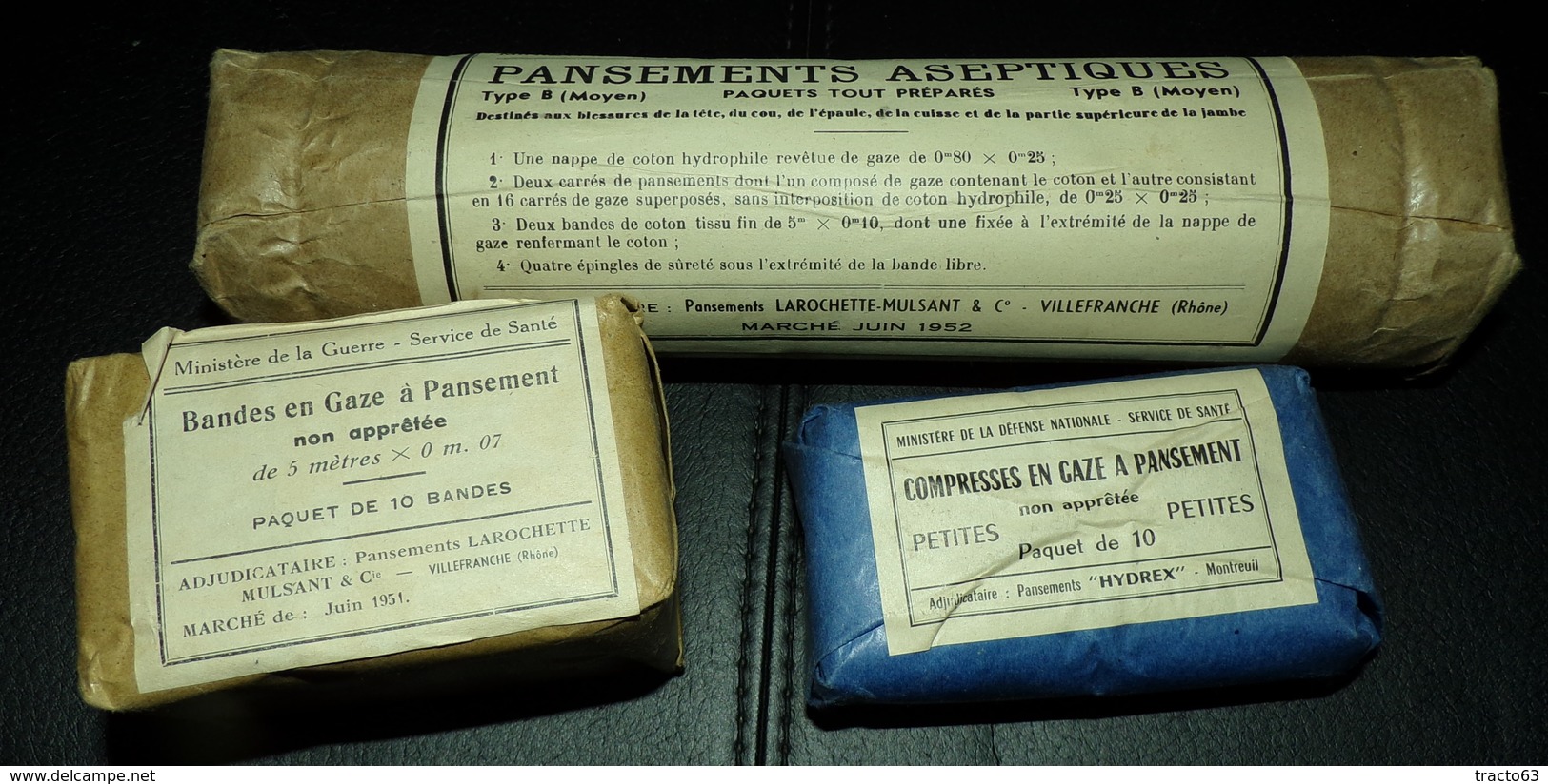 LOT DE 3 PANSEMENTS INDIVIDUELS FRANCAIS GUERRE INDOCHINE ,PANSEMENTS ACEPTIQUES 1952 ,BANDES EN GAZE 1951 ,COMPRESSES E - Equipment