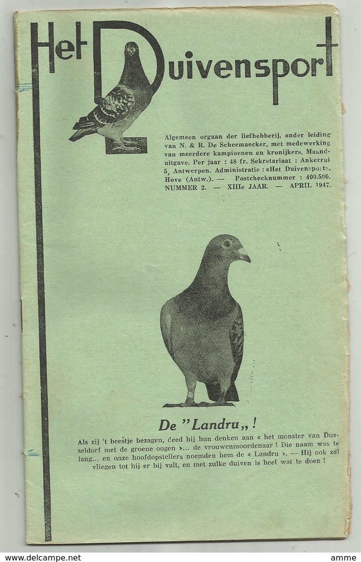 Hove - Het Duivensport   *   12 Maanduitgaves , Jaargang 1947 ( Duivensport - Duiven - Duif - Pigeon) - Hove