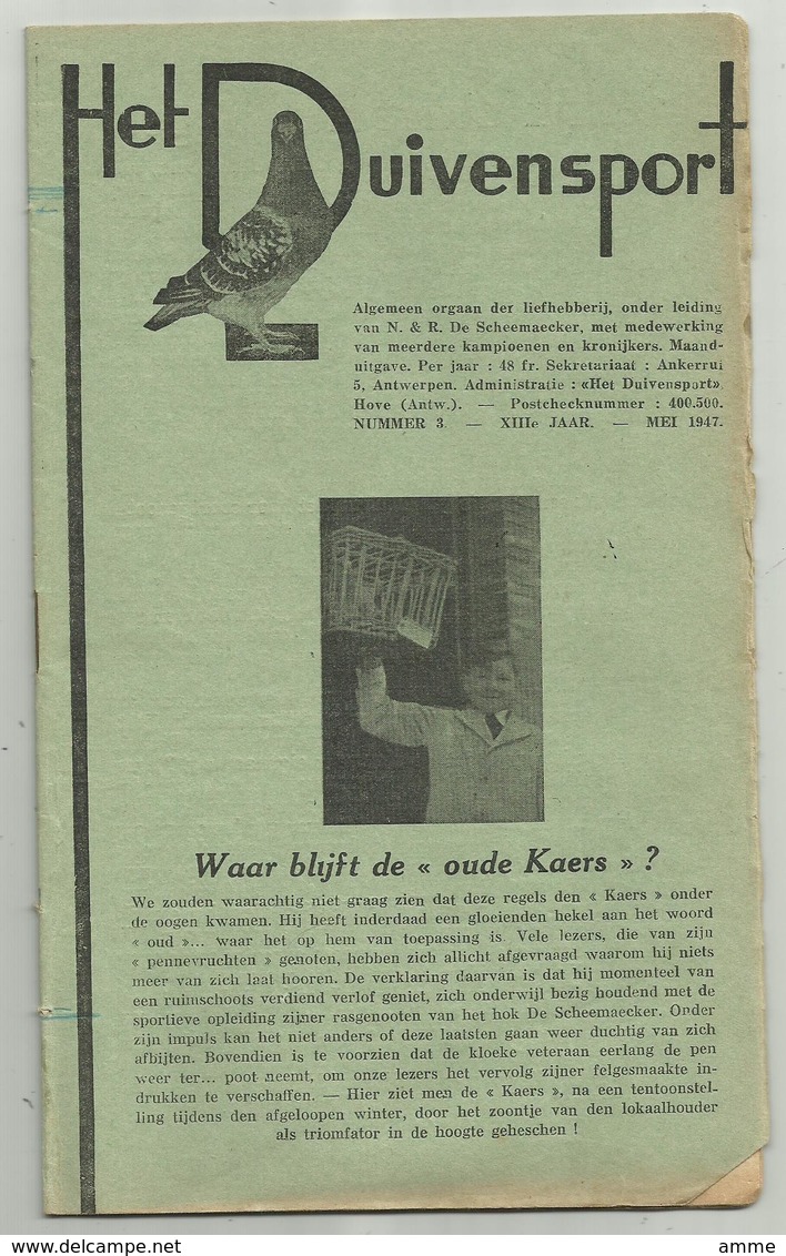 Hove - Het Duivensport   *   12 Maanduitgaves , Jaargang 1947 ( Duivensport - Duiven - Duif - Pigeon) - Hove