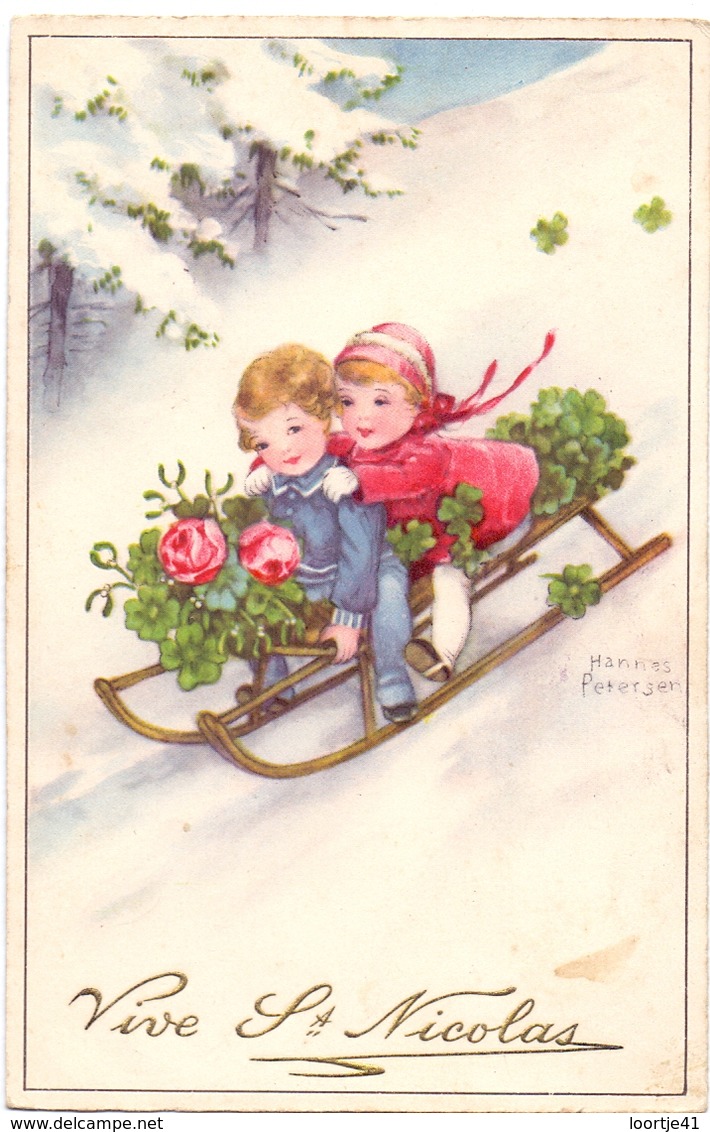 CP - Vive St - Nicolas - 2 Enfants - 2 Kinderen Op Slede - Illustr Hannes Pedersen - Saint-Nicholas Day