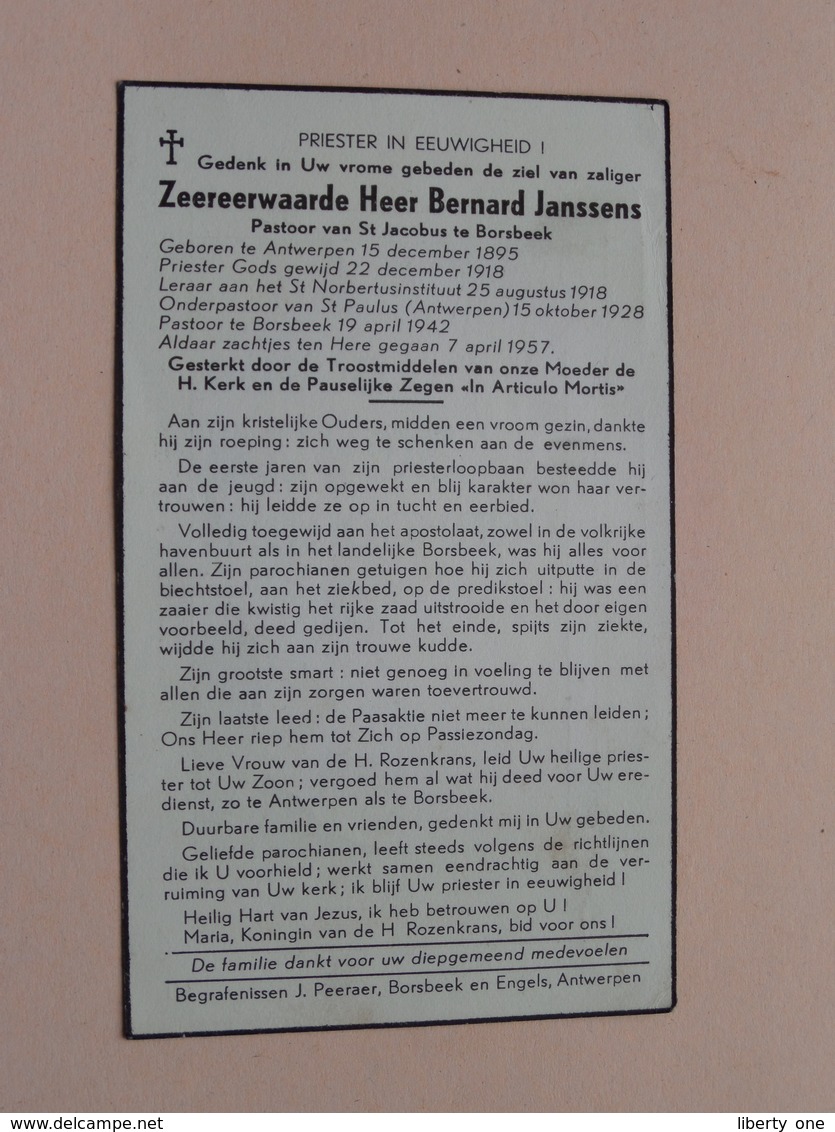 DP Z.E.H. Bernard JANSSENS () Antwerpen 15 Dec 1895 - 7 April 1957 BORSBEEK ( Zie Foto's ) ! - Décès