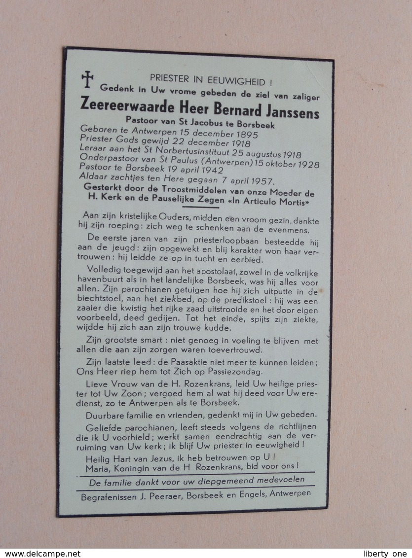 DP Z.E.H. Bernard JANSSENS () Antwerpen 15 Dec 1895 - 7 April 1957 BORSBEEK ( Zie Foto's ) ! - Avvisi Di Necrologio