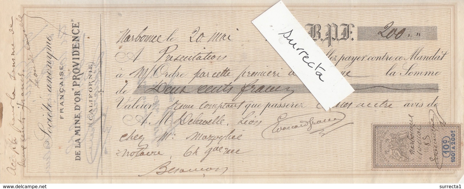 Lettre De Change / Première 1885 / SA Française / Mine D' Or "Providence" / Californie / Amérique / 11 Narbonne Aude - Lettres De Change