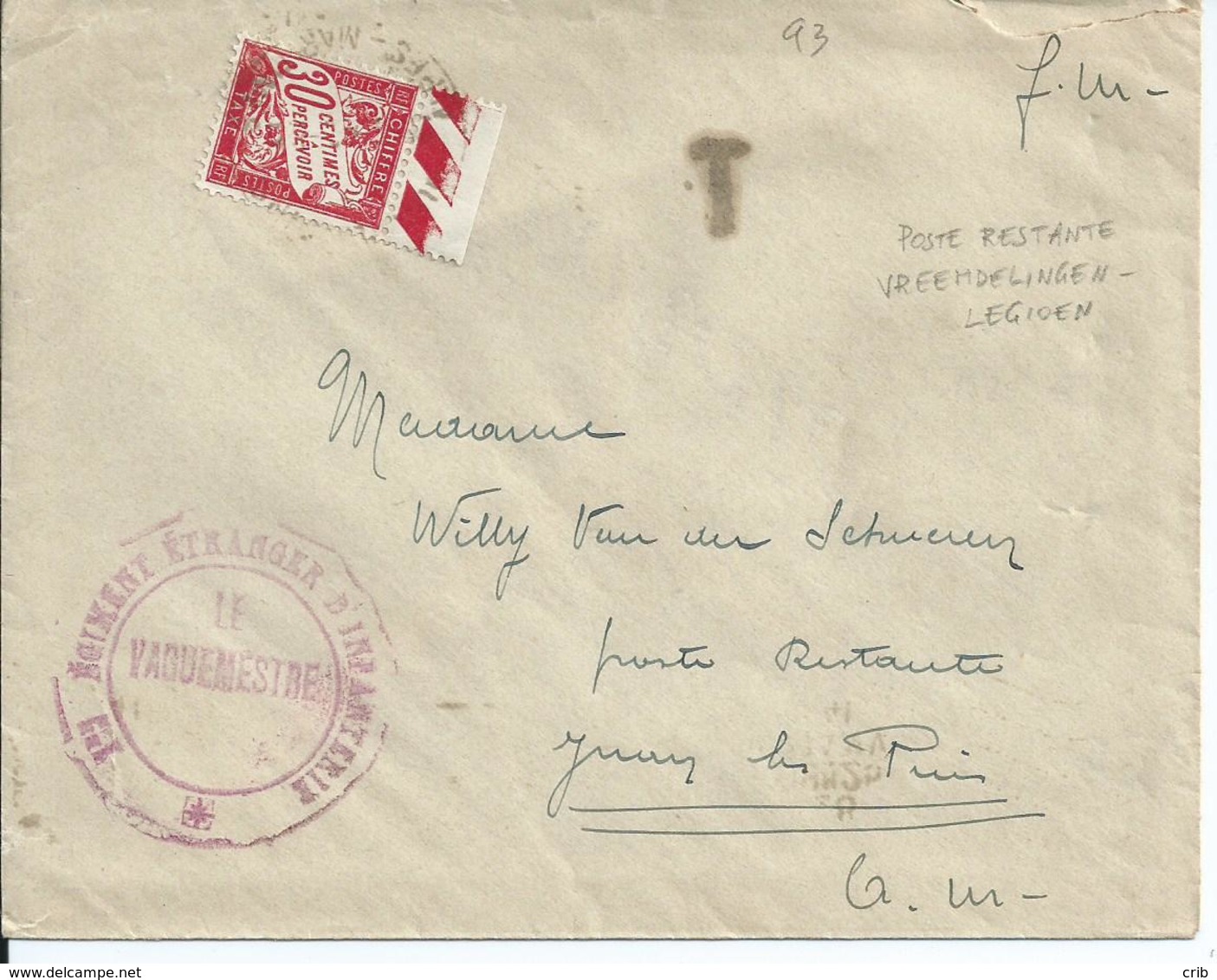 Brief Verstuurd  In Portvrijdom Naar Poste Restante Juan Les Pins - Stempel Van Het 1e Regiment Vreemdelingenlegioen (19 - Oorlog 40-45 (Brieven En Documenten)