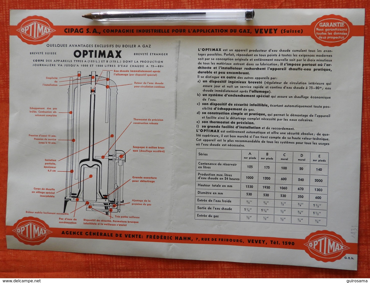 Optimax - Cipag : Cie Industrielle Pour L'application Du Gaz - 1931 - Boiler - Svizzera