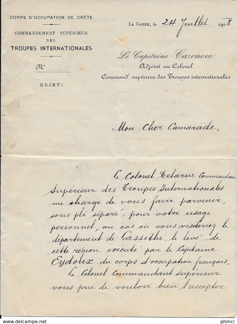 2 Lettres De 1908 Du Corps D'Occupation De La Crète à La Canée Pour Le Commandant De La Cie De Gendarmerie De Candie - Cachets Militaires A Partir De 1900 (hors Guerres)