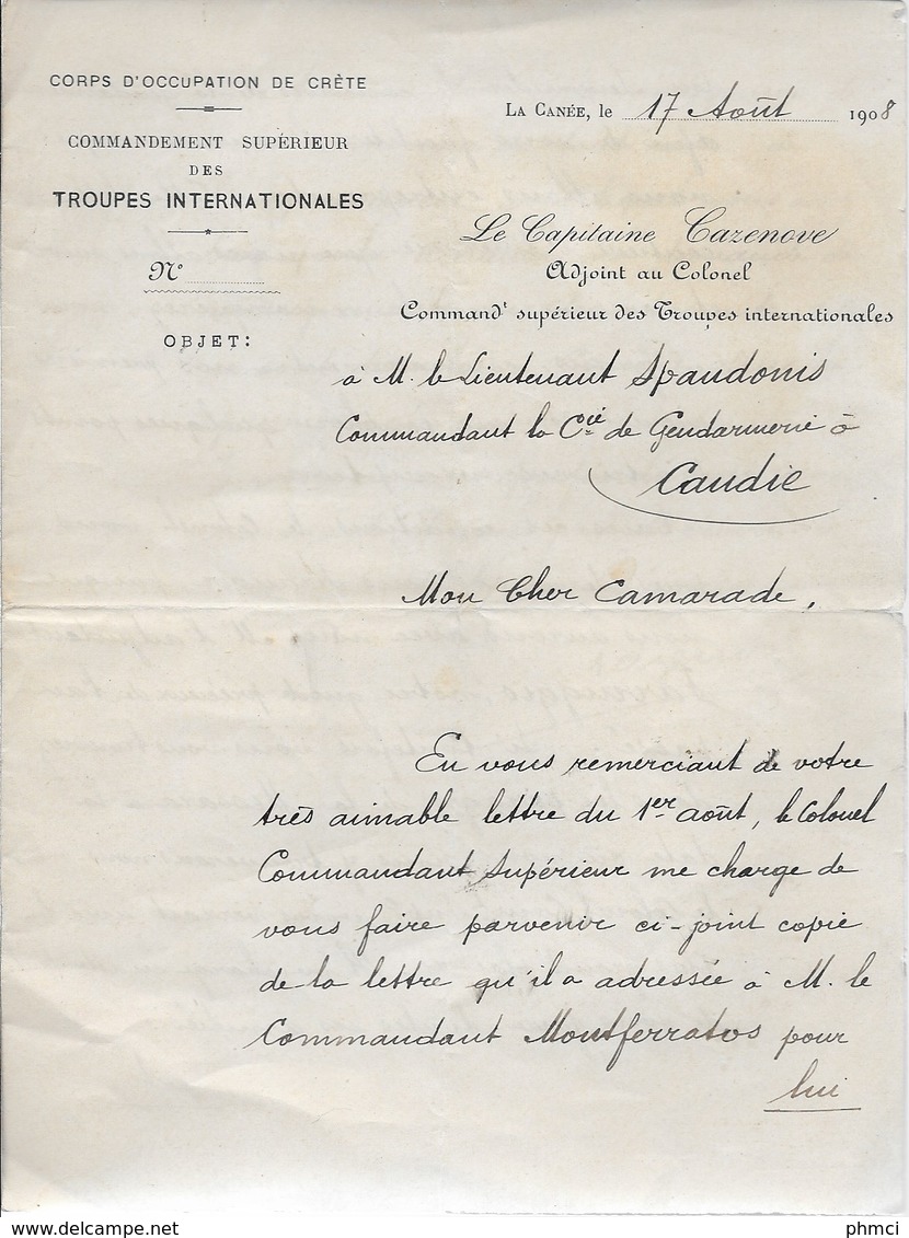 2 Lettres De 1908 Du Corps D'Occupation De La Crète à La Canée Pour Le Commandant De La Cie De Gendarmerie De Candie - Cachets Militaires A Partir De 1900 (hors Guerres)