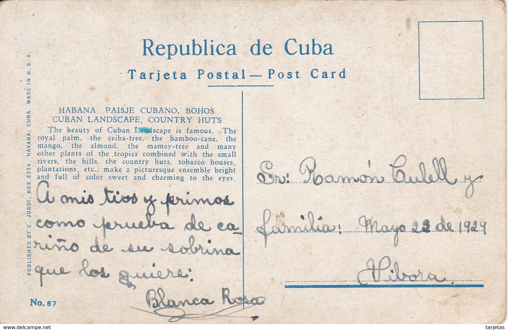 POSTAL DE LA HABANA DE UN PAISAJE CUBANO - BOHIOS DEL AÑO 1929 (C. JORDI) - Cuba