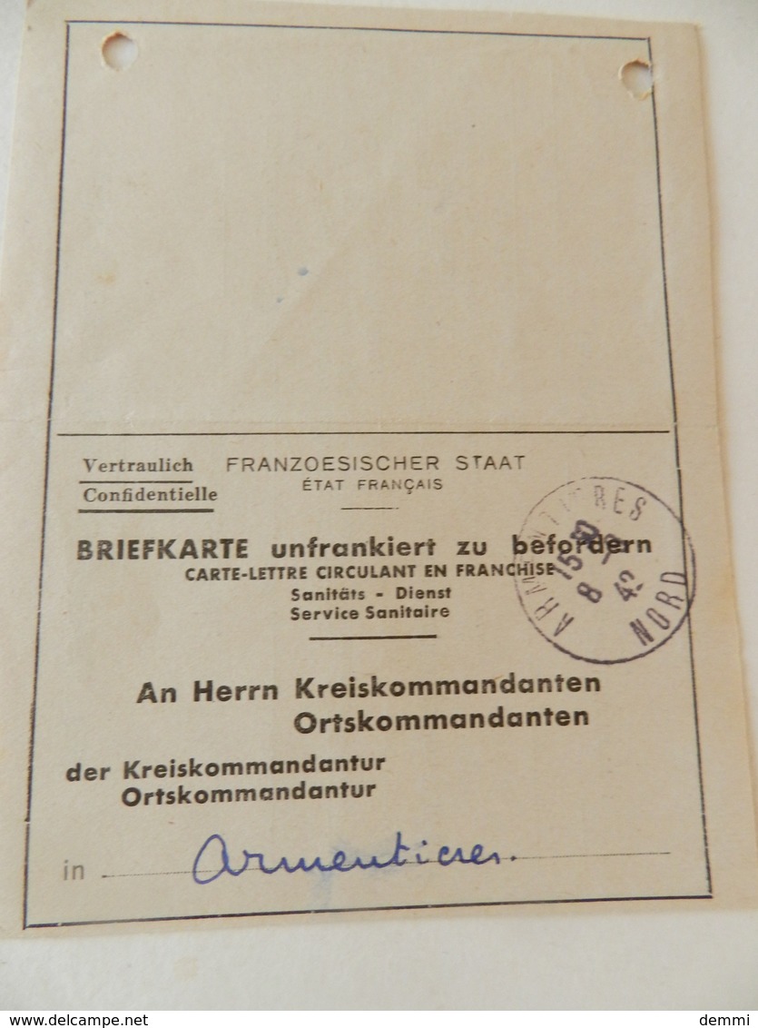Militaria - Armentières (59) - 1942 - Carte De Déclaration De Maladies - Documents