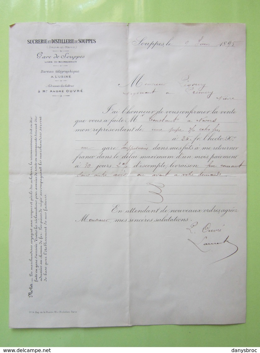 SUCRERIE Et DISTILLERIE De SOUPPES à Gare De Souppes (S & M) 9/06/1895 Courrier Facture Document - Alimentaire