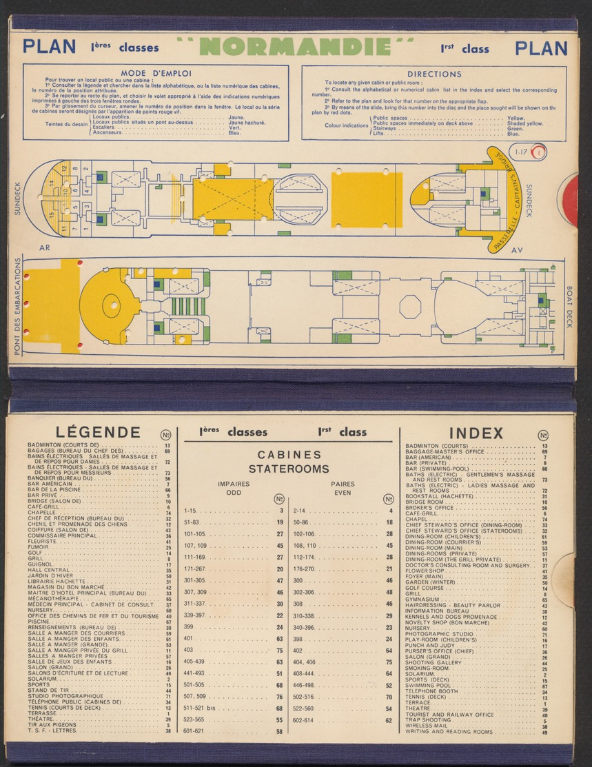 Paquebot "Normandie" - Dépliant Touristique Du Paquebot Avec Aperçu De L'intérieur Et Repère Avec Languette Coulissan - Tourism Brochures