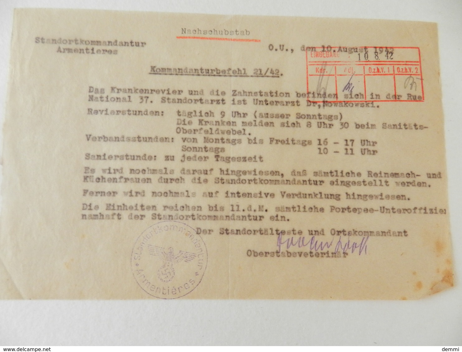 Militaria - Armentières (59) - Document En Allemand De La Standortkommandantur D'Armentières - 1942 - Documents