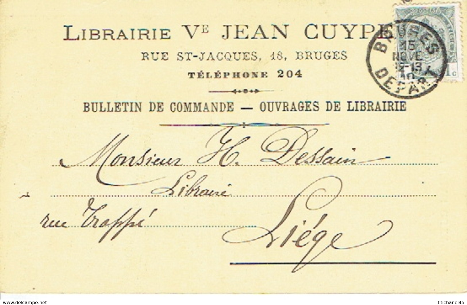 CP/PK Publicitaire BRUGGE 1910 - Vve JEAN CUYPERS - Librairie-Papeterie à BRUGES - Brugge