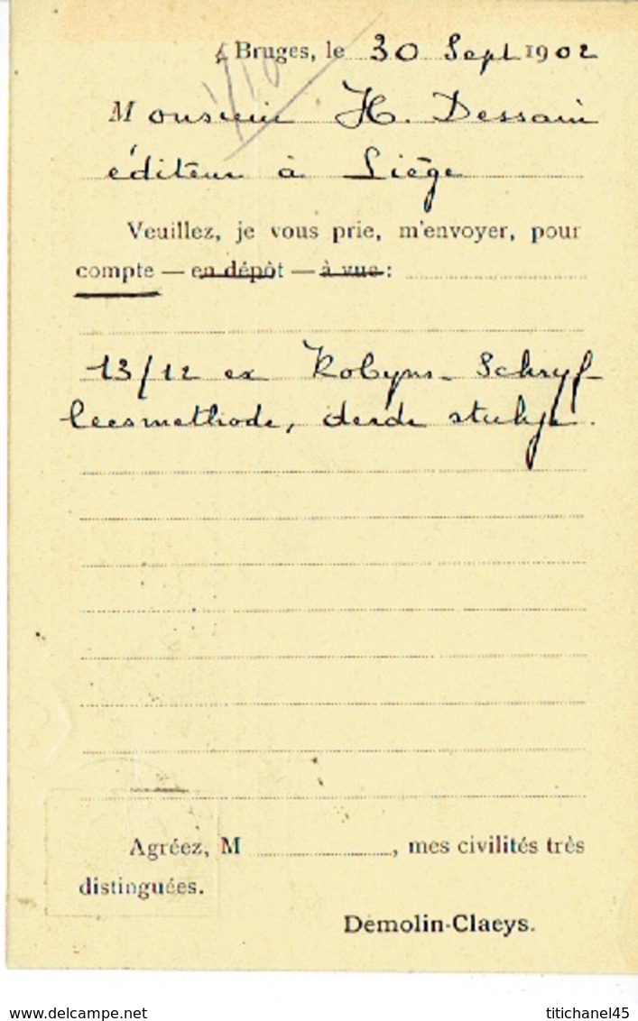 CP/PK Publicitaire BRUGGE 1902 - ANCIENNE MAISON F. CLAEYS - DEMOLIN-CLAEYS, Successeur - Librairie à BRUGES - Brugge