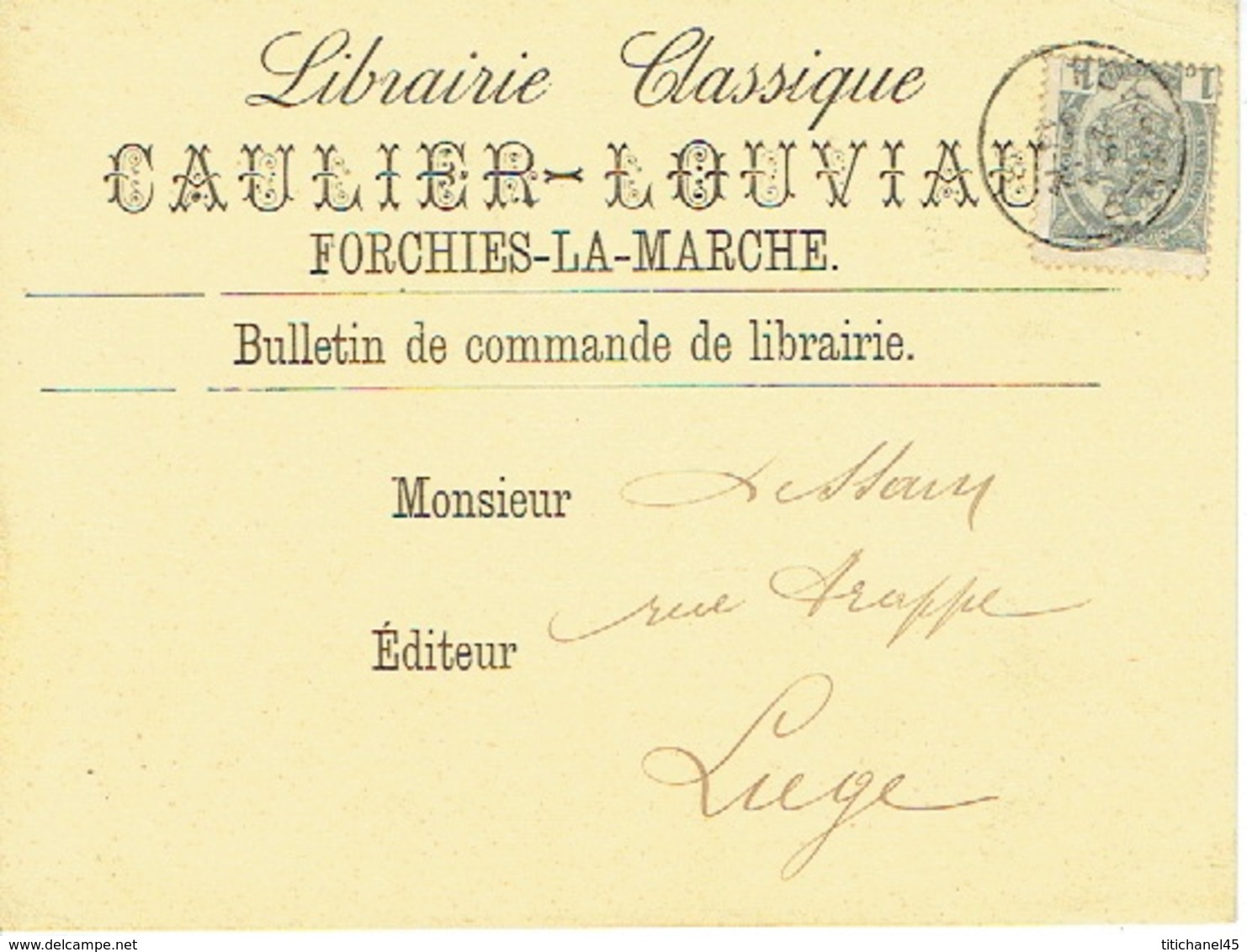 CP/PK Publicitaire FORCHIES-LA-MARCHE 1908 - CAULIER-LOUVIAU - Librairie - Fontaine-l'Eveque