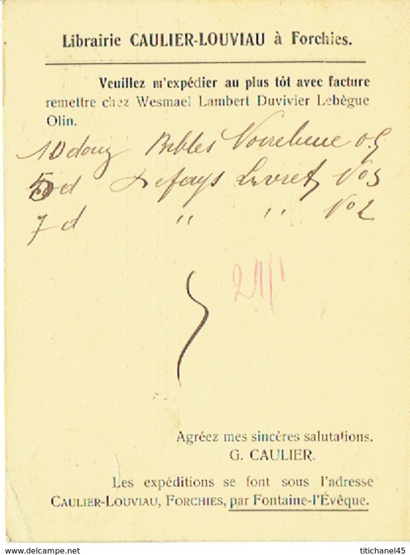 CP/PK Publicitaire FORCHIES-LA-MARCHE 1908 - CAULIER-LOUVIAU - Librairie - Fontaine-l'Eveque