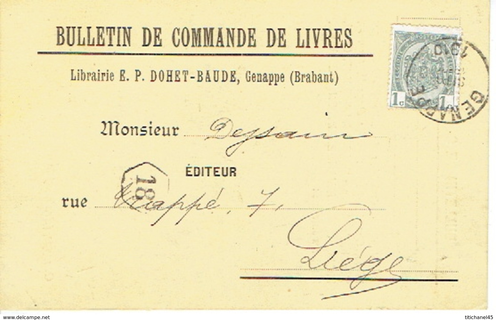 CP/PK Publicitaire GENAPPE 1910 - E.P. DOHET-BAUDE - Librairie - Genappe