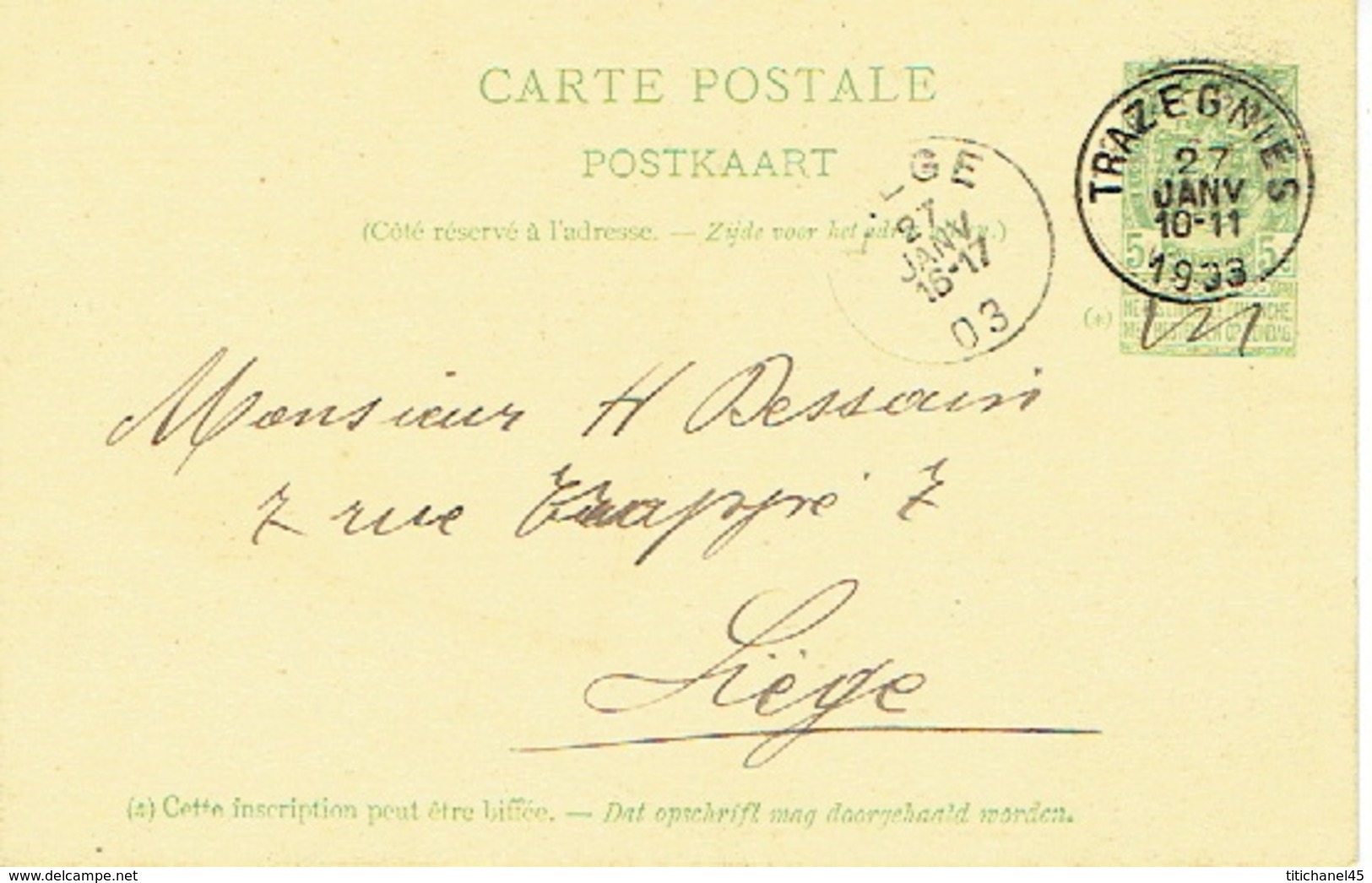 Entier Postal Armoiries TRAZEGNIES 1903 Vers LIEGE - Signé Fernand CORMANT à TRAZEGNIES - Postkarten 1871-1909