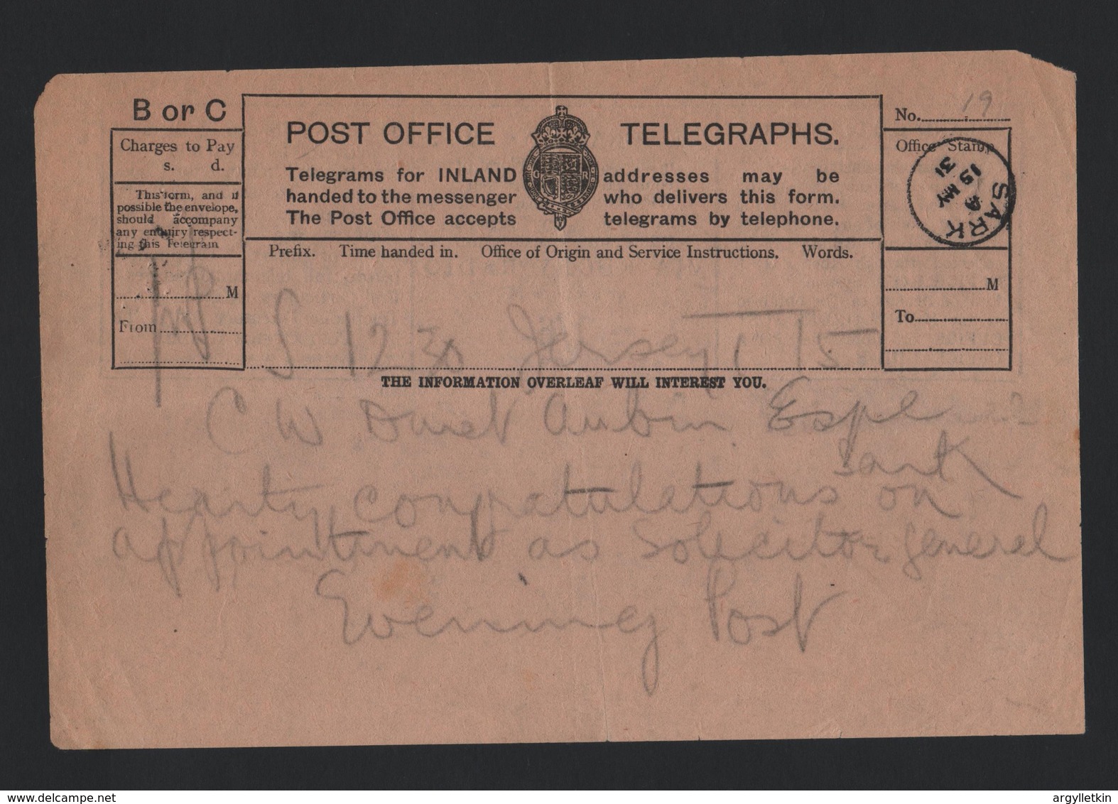 CHANNEL ISLANDS SARK JERSEY SOLICITOR GENERAL 1931 TELEGRAM - Sark