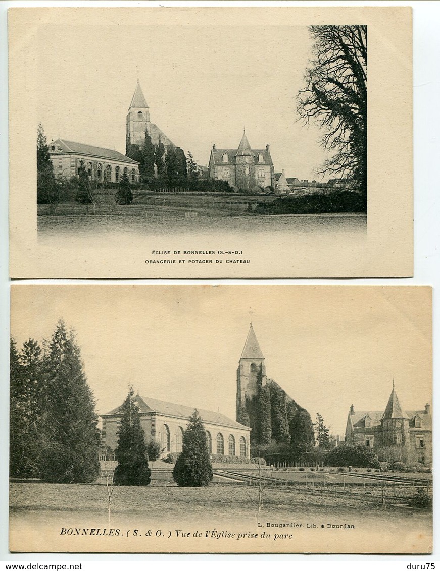 LOT 2 Cartes - BONNELLES Eglise Orangerie Et Potager Du Château & Vue De L'Eglise Prise Du Parc - Autres & Non Classés