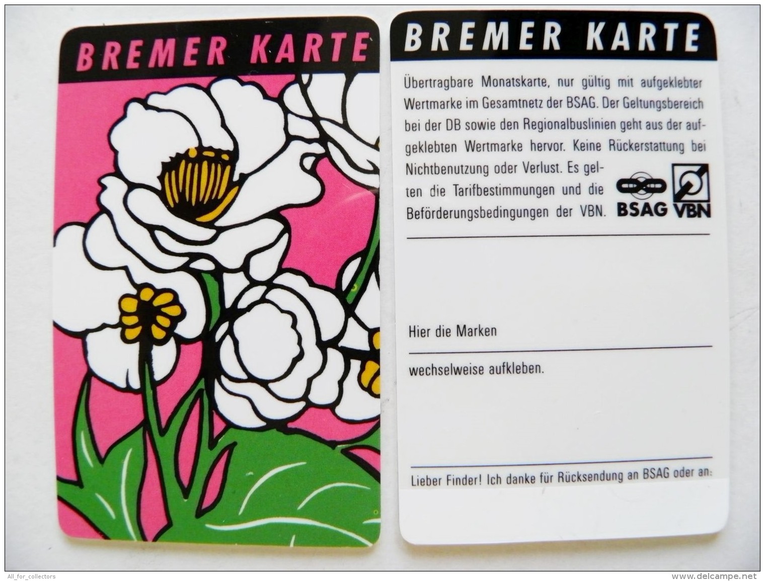 Plastic Transport Ticket Bus Tram From Germany Bremer Karte Flowers - Europa