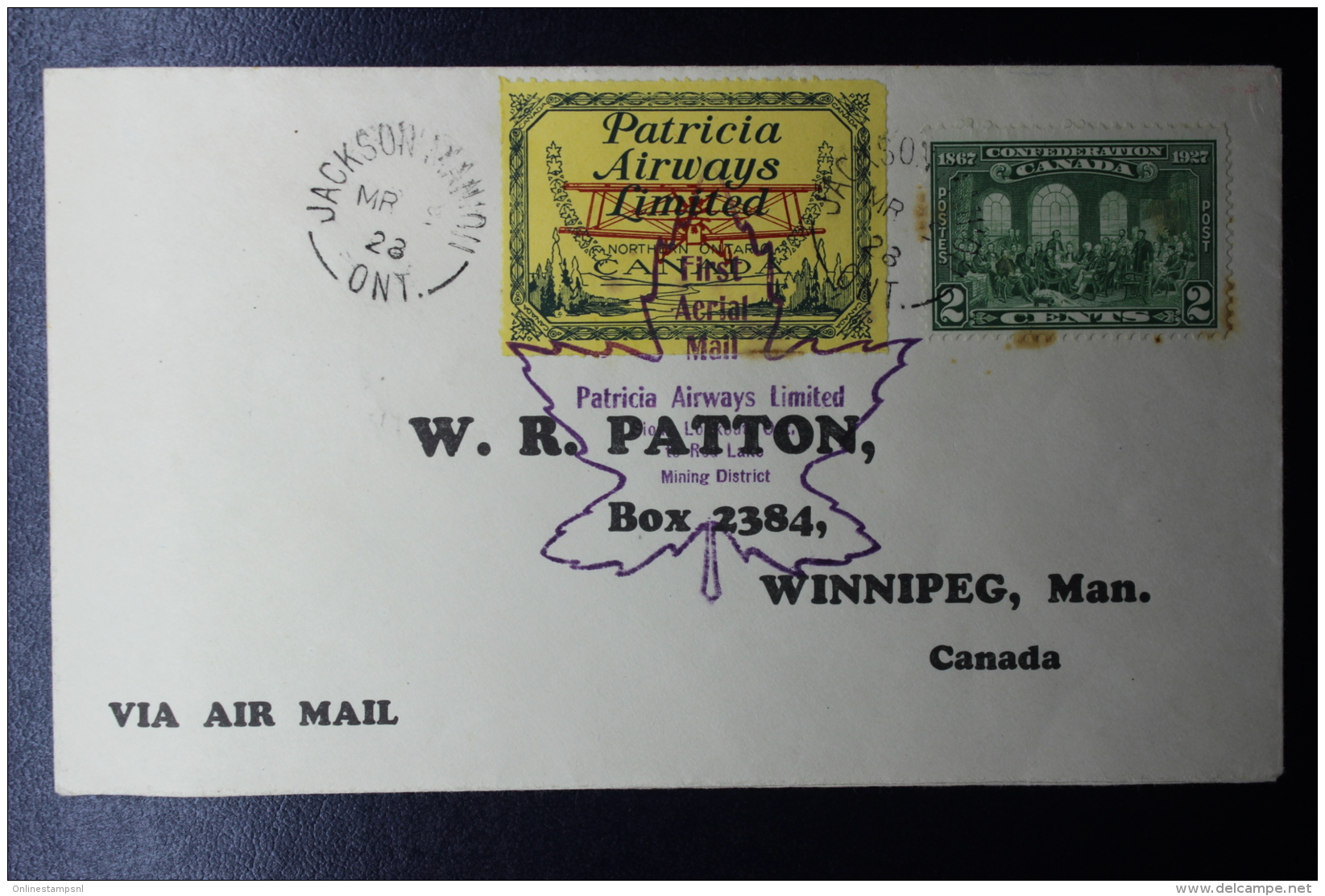 Canada: FFC Jackson Manion -&gt; Sioux Lookout  9-3-1928  Patricia Airways Ltd.  Pilot Charles Sutton Special Label - Primi Voli