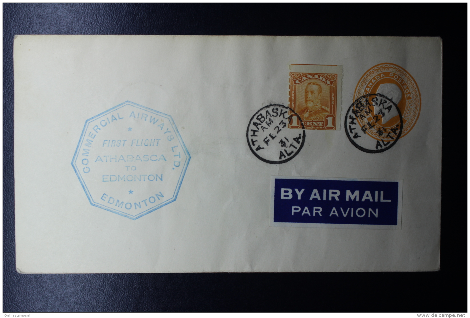 Canada: FFC Athabaska -&gt; Edmonton On Postal Stationary  Commercial Airways 23-2-1931 - Primi Voli