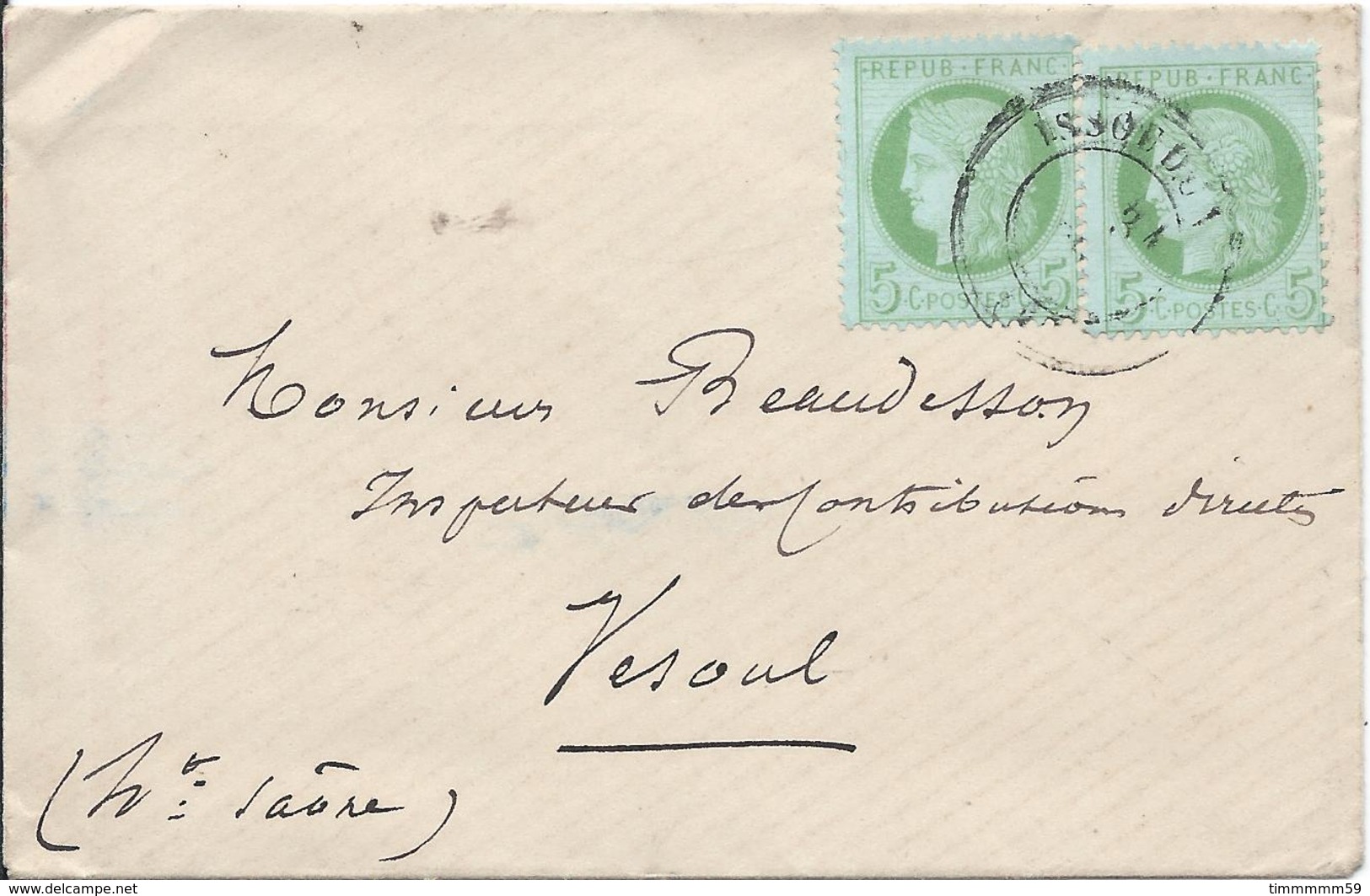 Lot N°44628  Deux N°53/enveloppe, Oblit Cachet à Date De ISSOUDUN, Indre (35), Du 29 Déc 1872 Pour VESOUL - 1871-1875 Ceres